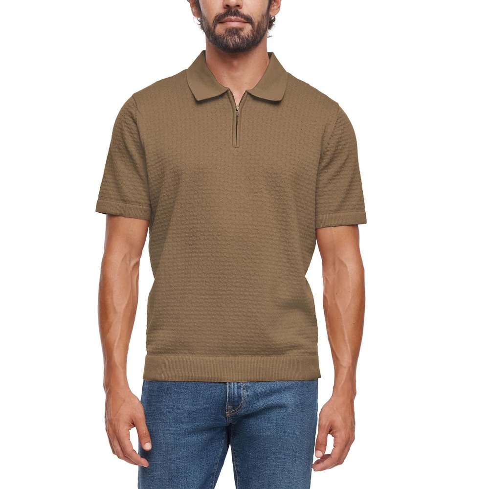EXPRESS Mens Zip Sweater Polo Khaki Textured Jacquard Short Sleeve Large NWT